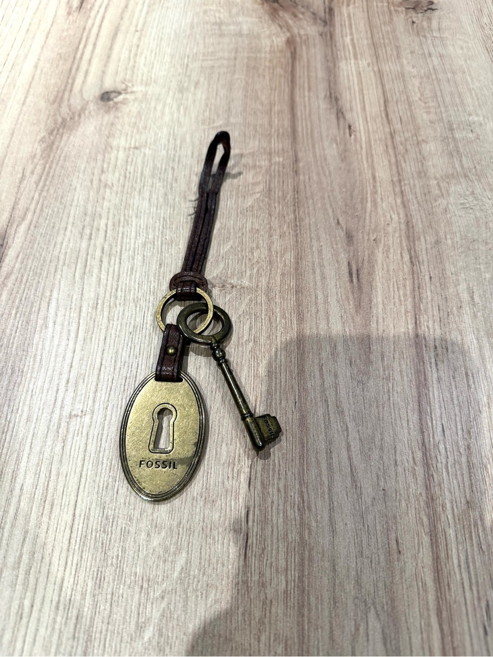 Fossil Brown Leather Key Fob with Brass Key & Lock Tag